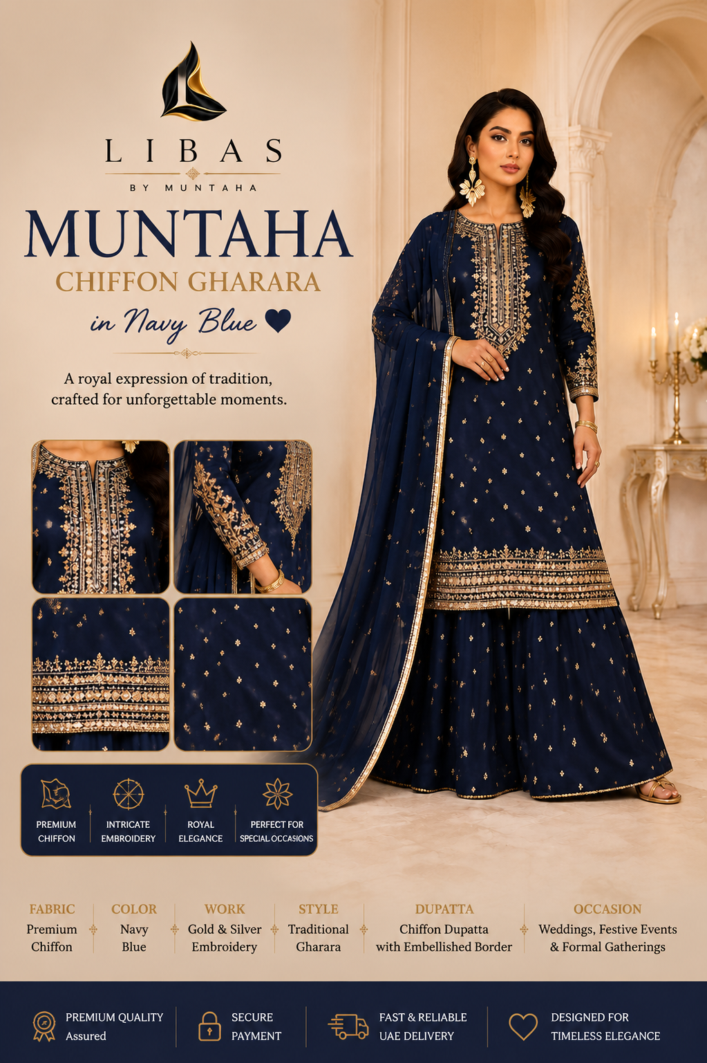 Muntaha Chiffon Gharara in Navy Blue 💙