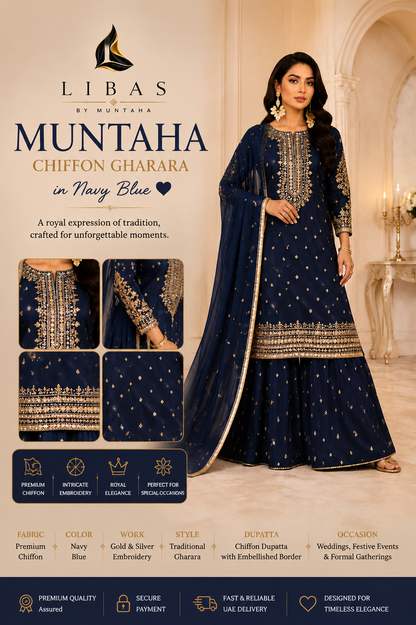 Muntaha Chiffon Gharara in Navy Blue 💙
